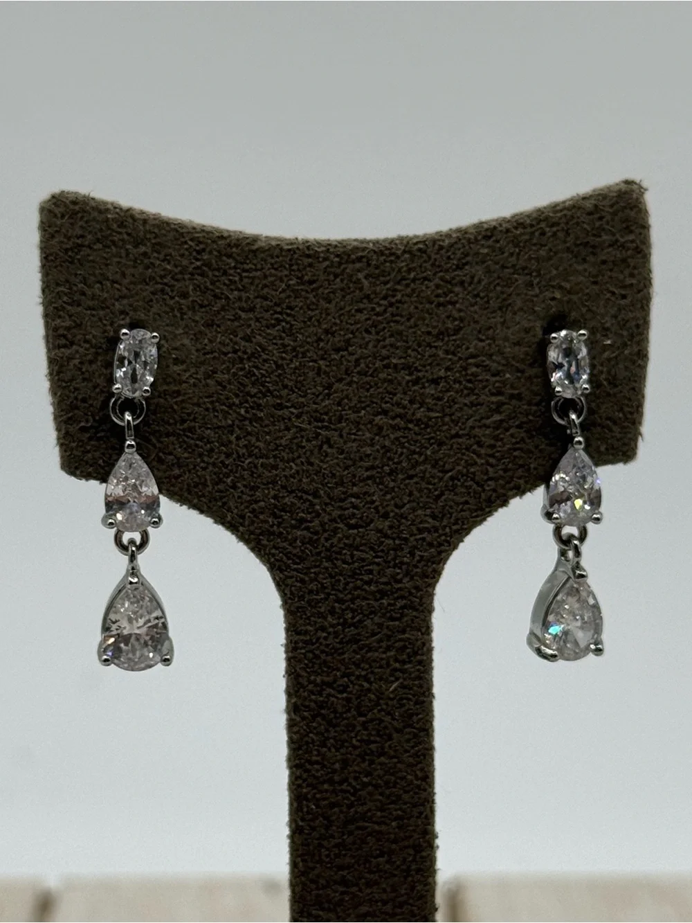 Silver tone Teardrop Dangle Earrings with Clear Stones
